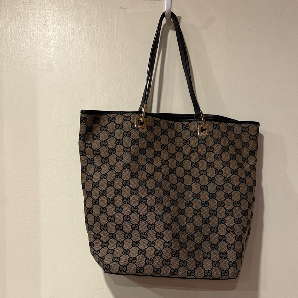 Gucci Brown Beige GG Monogram Tote with Black leather Straps